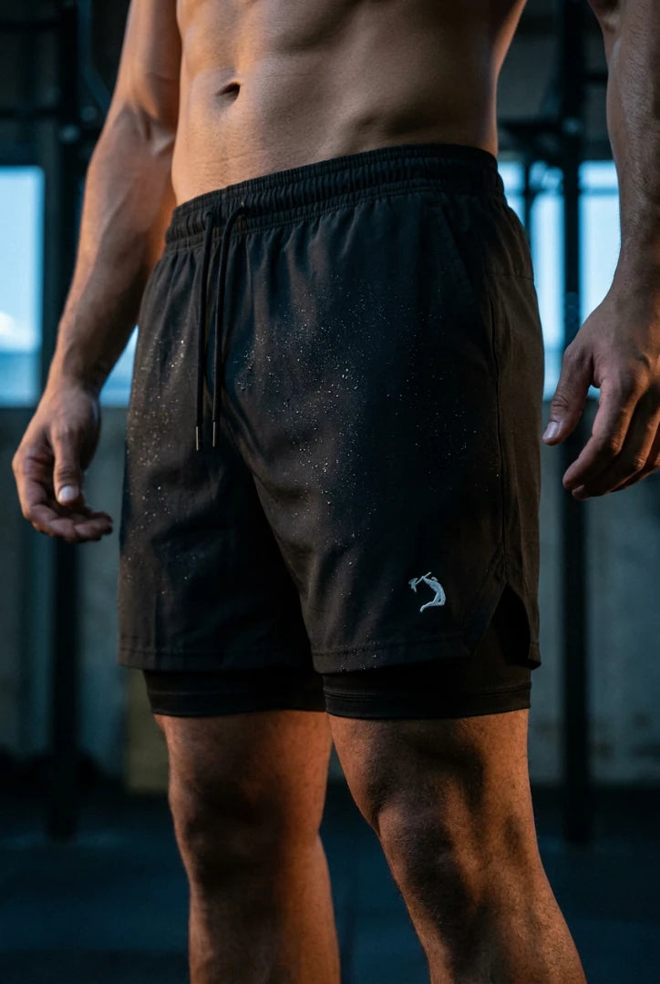 Short preto Berzerk com gotas no tecido e símbolo branco próximo à fenda lateral